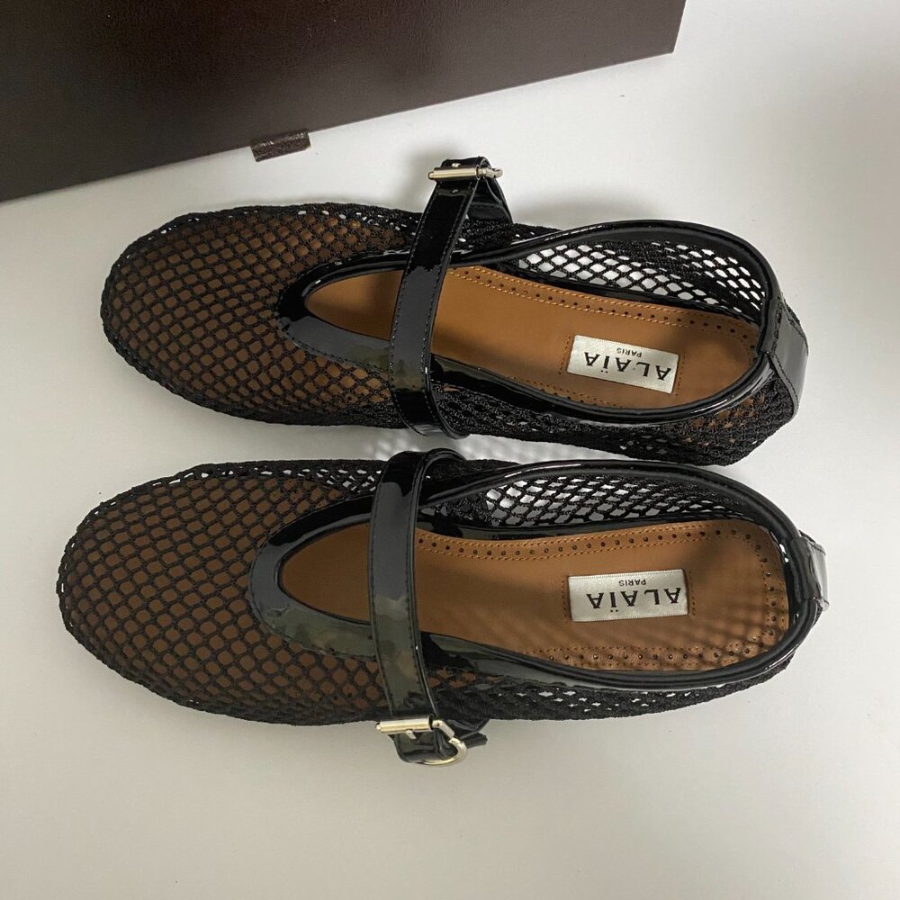 Black and Silver Flats with Mesh Design and Ankle Strap - Picture 5 of 8